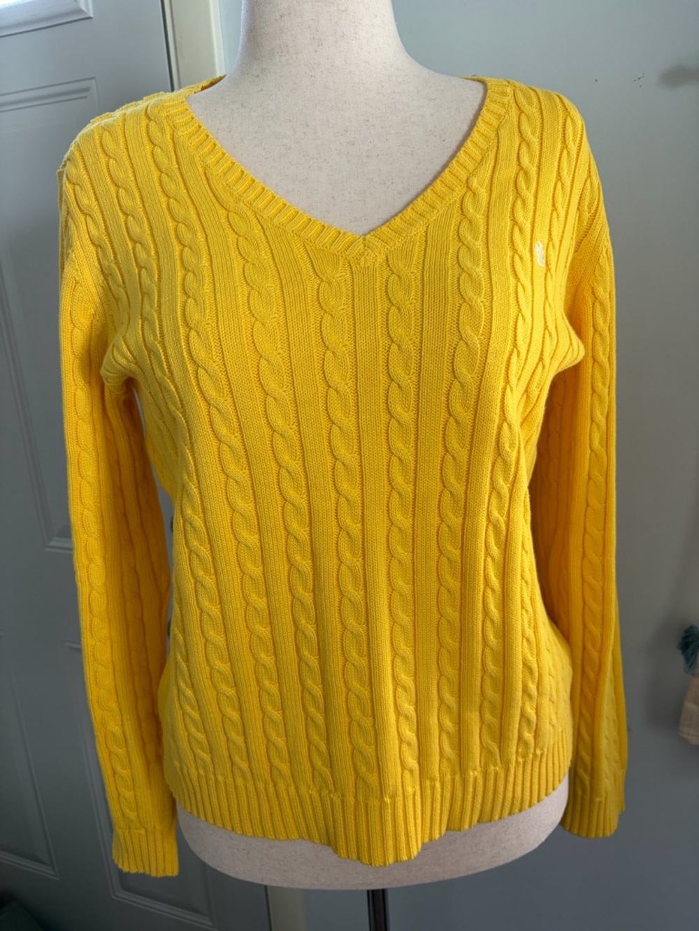 Lauren Ralph Lauren Cotton Bright Yellow V-neck Cable Knit Sweater - Picture 12 of 12